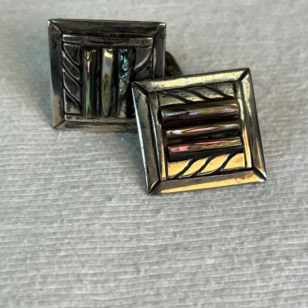 Vintage Silver Abalone Square Cuff Links Stamped 925/Handmade Formal Gift Weddin
